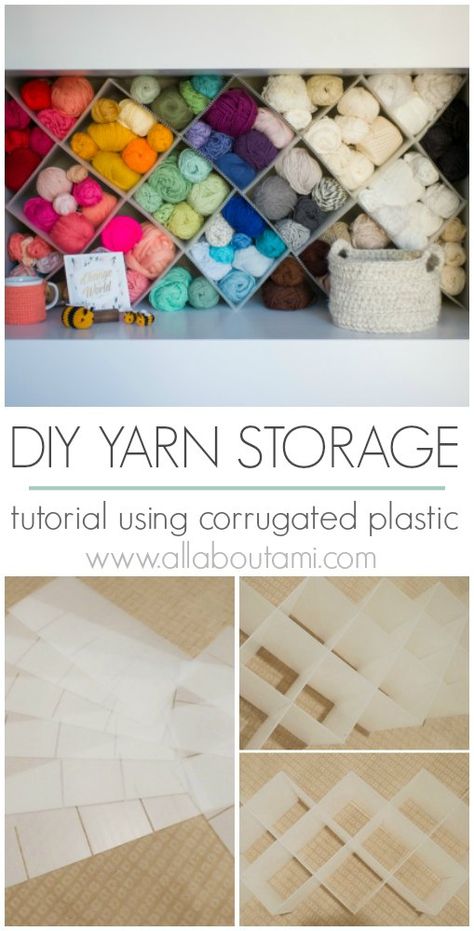 Learn how to make your own yarn storage shelf dividers using corrugated plastic with this tutorial!  It is a beautiful way to display your yarn! Yarn Display Storage, Yarn Shelf Storage, Wool Display Ideas, Yarn Shelf Storage Diy, Creative Yarn Storage, Crochet Yarn Organization, Yarn Wall Storage Ideas, Creative Yarn Storage Ideas, Yarn Storage Diy