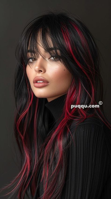 Red Highlights, Dip Dye Hair, Black Hair With Red Highlights, Edgy Vibes, Orange Highlights, Peekaboo Hair, Haircut Style, Dark Red Hair, Women's Hairstyles