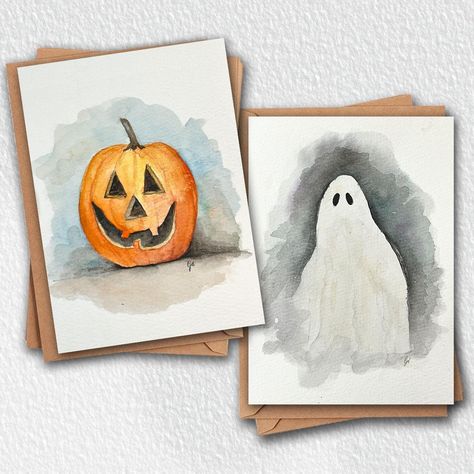 Halloween Notecards, Ghost, Jack-o-lantern, Watercolor Prints,  Blank Inside, Set of 8 - 4 of each design. Send a "not so scary"  Halloween greeting with these adorable notecards made from high-quality watercolor paintings scans of a Jack-o-lantern and a Ghost.  These cards are A2 size, 4x5" This image is a reproduction of original watercolor paintings. Set of 8 cards and8 brown envelopes. Printed on archival white matte cardstock. Halloween Watercolor Ideas, Halloween Art Watercolor, Easy Halloween Watercolor, Over The Garden Wall Watercolor, Halloween Handmade Cards, Halloween Water Coloring Ideas, Simple Halloween Watercolor, Watercolor Art Halloween, Halloween Watercolor Cards