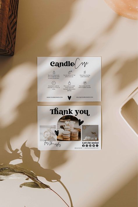 Packaging Velas, Soy Candles Packaging, Candle Care Card, Stationary Business, Catalog Design Layout, Branding Portfolio, Card Packaging, Thank You Card Design, Candles Photography