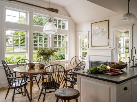 Designing Close to Home - Decor Maine Cape Kitchen, New England Kitchen, Room Off Kitchen, Cozy Kitchens, New England Farmhouse, Staging Ideas, Maine Cottage, Eating Area, Dark Wood Cabinets