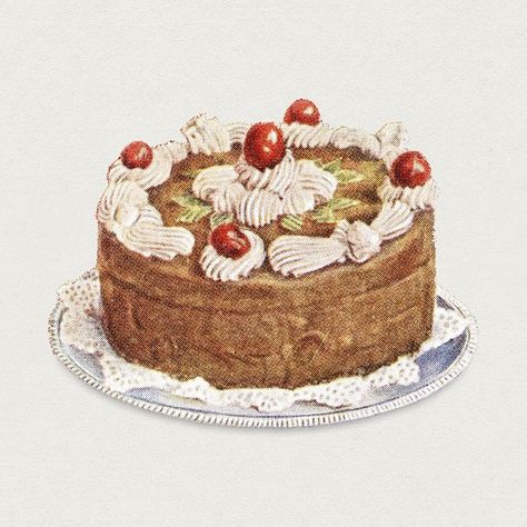 Baking Png Aesthetic, Vintage Cake Illustration, Vintage Cake Drawing, Vintage Food Illustration, Cake Slice Drawing, Cake Drawing Aesthetic, Vintage Cherry Cake, Birthday Cake Drawing, Baking Drawing