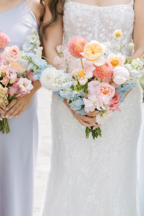 Embrace modern romance with our enchanting pastel floral wedding. Light Color Bouquet, Muted Colorful Wedding Flowers, Spring Wedding Bridal Bouquets, Pastel Summer Wedding Flowers, White With Pops Of Color Wedding, Bridal Flower Ideas, Pastel Wedding Bouquet Summer, Pastel Bouquets Wedding, Soft Pastel Wedding Bouquet