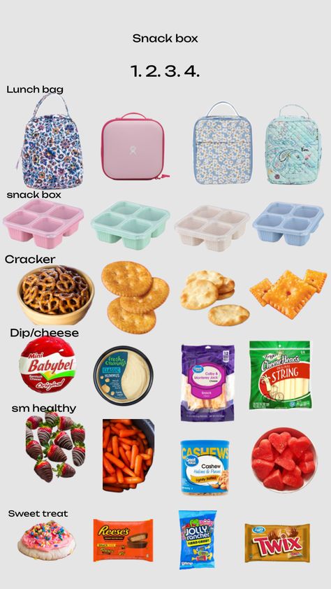 Make a snack box!! Dance Snacks, Quick School Lunches, Homemade School Lunches, Kids Lunch Box Meals, Bento Box Recipes, School Lunch Recipes, Morning Routine School, Healthy Lunch Snacks, School Bag Essentials