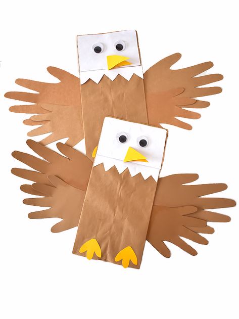 My Country Crafts For Preschoolers, Country Activities For Preschool, Paper Bag Bird Puppet, E Is For Eagle Craft, Paper Bag Animal Crafts, Bald Eagle Craft Kindergarten, Eagle Craft For Preschoolers, My Country Theme Preschool Activities, North America Crafts For Kids