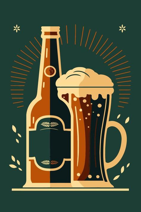 Vector illustration of a glass of beer and a bottle of beer. Background Card Design, Beer Illustration, Glass Of Beer, Beer Wall, Vector Character Design, Beer Day, Beer Poster, Bottle Wall, Poster Illustration