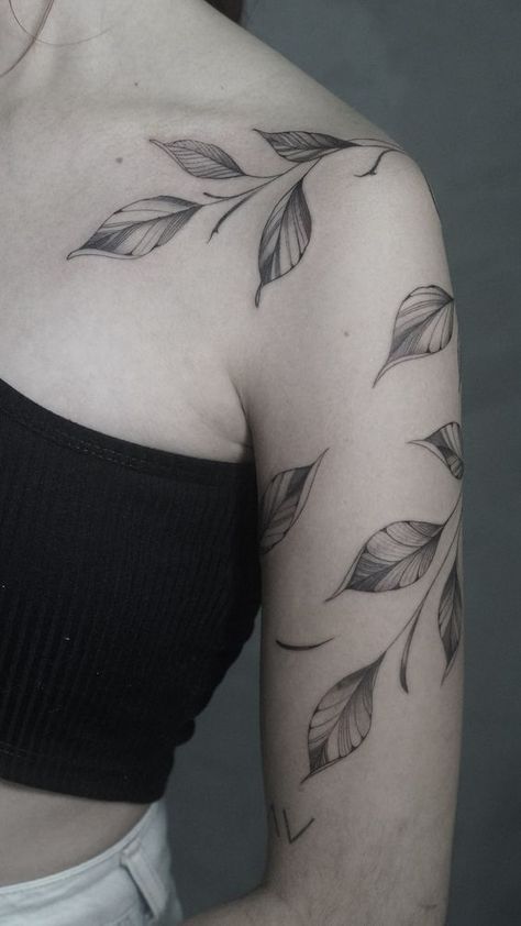 Flower Vine Tattoo Cover Up, Ivy Tattoo Collar Bone, Flower Vine Shoulder Tattoo, Ivy Branch Tattoo, Shaded Leaf Tattoo, Leaf Tattoo On Shoulder, Shoulder Leaf Tattoos For Women, Shoulder Plant Tattoo, Leaf Tattoo Shoulder