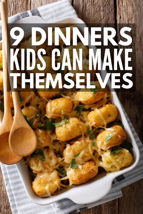 9 Dinners Kids Can Make Themselves | Easy, fun, and healthy, these meal ideas will turn your picky eater into an aspiring chef! Grab some muffin tins and make some cheeseburger cups, learn how to turn hot dogs into nuggets, or enjoy comfort foods like mini lasagnas or 5 minute mac and cheese! Oh, and the tater tots casserole is to die for! #kidsdinners #mealskidscanmake #cookingwithkids #kidsrecipes Quick Kid Dinners, Easy Fun Dinner Recipes Families, 4h Cooking Project Ideas, Picky Eaters Kids Dinner, Meals For Kids Picky, Dinner Recipes For Kids To Make, Fun Meals To Make With Kids, Fun Baking With Kids, How To Make Dinner