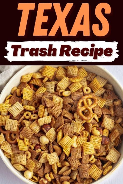 This Texas Trash recipe is the perfect snack mix to have on hand! Made with cereal, pretzels, and nuts, it's savory, spicy, and so addictive! Trash Mix Recipe, Texas Trash Recipe, Dip Night, Trash Recipe, Spicy Pretzels, Texas Trash, Graduation Food, Trail Mix Recipes, Snack Mixes