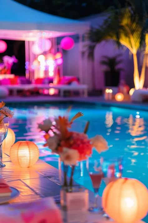 Pool Party - Sparkling Sweet 16 Ideas to Splash In Beach House Party Ideas, Swimming Pool Party Ideas Decor, Sweet 16 Pool Party Ideas Themes, Night Pool Party Ideas, Pool Party Sweet 16, Sweet 16 Pool Party Ideas, Water Themed Party, Fancy Pool Party, Sweet 16 Pool Party