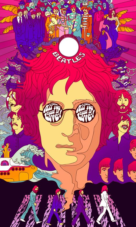 Beatles Artwork, Beatles Wallpaper, Beatles Poster, Art Hippie, Rock Band Posters, Beatles Art, Band Poster, Rock Posters, Trippy Art