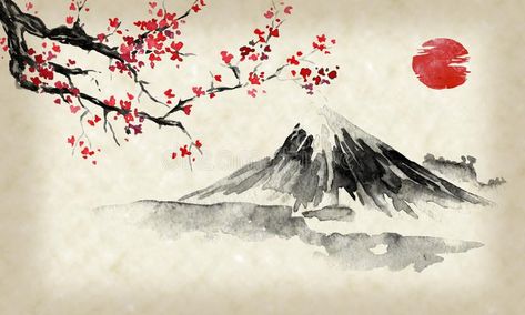 Sakura Painting, Japan Vibes, Japanese Culture Art, Illustration Japanese, Painting Indian, Japanese Ink Painting, Japan Wall Art, Fuji Mountain, Monte Fuji