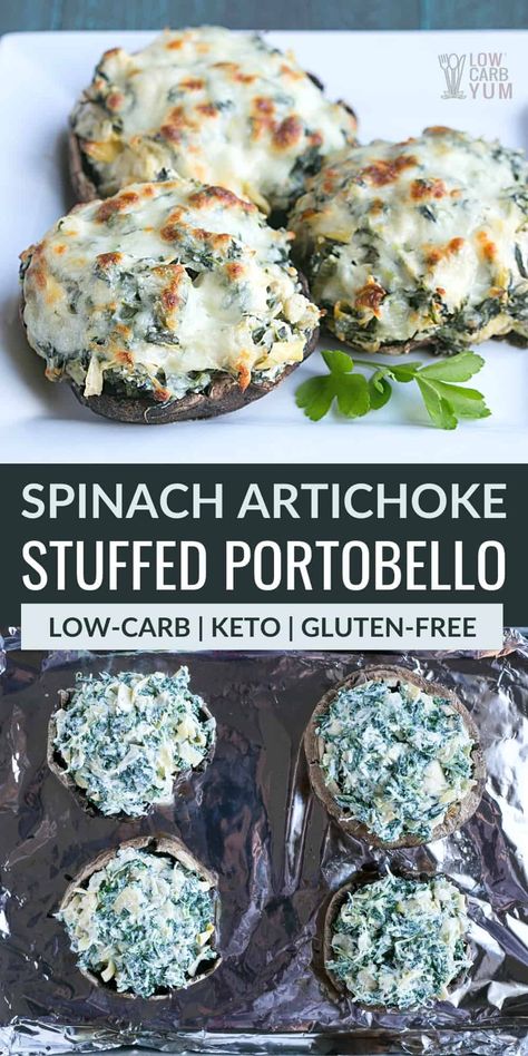 Veggie Side Dishes Healthy Low Carb, Artichoke Stuffed, Stuffed Portobello Mushrooms, Stuffed Portobello, Boiled Egg Diet Plan, Low Carb Sides, Low Carb Side Dishes, Spinach Artichoke Dip, God Mat