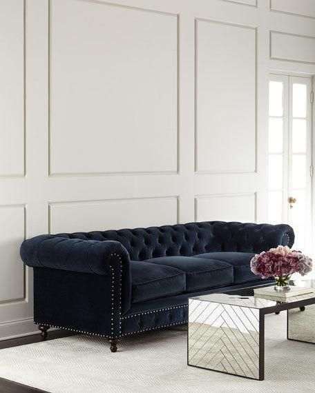 Tia 3-Cushion Chesterfield Sofa Navy Nailhead Trim Velvet with Mirrored Coffee Table. Chesterfield Sofa Living Room, Navy Velvet Sofa, Velvet Chesterfield, Sofa Chesterfield, Chesterfield Style Sofa, Velvet Chesterfield Sofa, Navy Velvet, Deck Furniture, Chesterfield Sofa