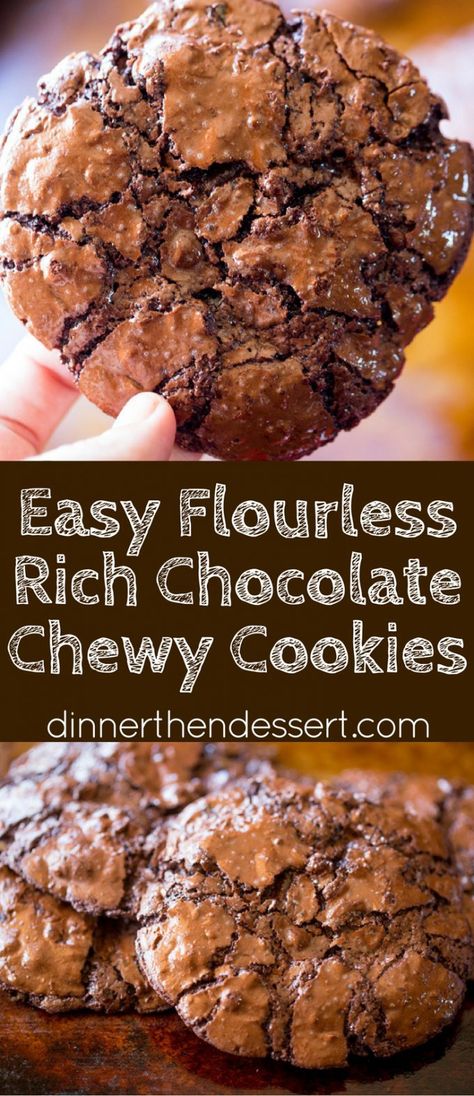 Flourless Chocolate Chewy Cookies are crispy and chewy with a fudgy center that take just a few minutes to make and taste like they came from a bakery! Chocolate Chewy Cookies, Flourless Chocolate Cookies, Cookie Recipes Chewy, Flourless Cookies, Chewy Chocolate Cookies, Diy Easy Recipes, Chewy Cookies, Flourless Chocolate, Chewy Cookie