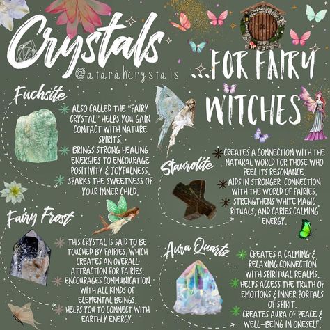 Crystals For Nature Connection, Freya Crystals, How To Attract Fairies, Fairy Witch Aesthetic, Fairy Witchcraft, Faery Witchcraft, Crystal Witch Aesthetic, Fairy Tips, Cottagecore Witch Aesthetic