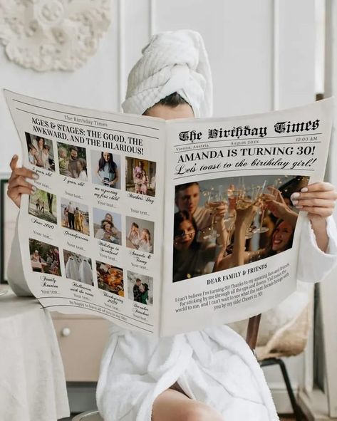 Celebrate your best friend's 30th birthday in style with our customizable birthday newspaper template! This DIY newspaperful is the perfect birthday-giftful, featuring a personalized newspaper layout that you can easily edit and print. Create inviting invites with a unique newspaper design, tailored to suit any age. Surprise your loved one with a large newspaper filled with memories and fun facts, making their birthday times truly special. Get your hands on this editable newspaper template to... 30 Birthday Surprise Ideas, Chapter 30 Birthday, Birthday Newspaper Template, 30th Birthday Theme, Birthday Pictures Ideas, Personalized Newspaper, Birthday Newspaper, Newspaper Program, Newspaper Layout