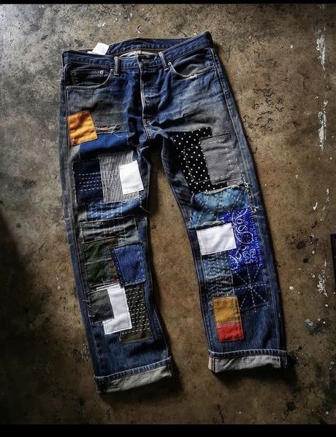 Reworked Jeans, Patched Denim Jeans, Denim Repair, Denim Art, Custom Jeans, Repair Clothes, Denim Ideas, Work Jeans, Custom Denim