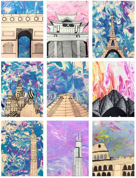 Middle School Famous Buildings Art Lesson for kids - Leah Newton Art Kids Architecture, Elements And Principles Of Design, Building Artwork, Artwork Architecture, Buildings Art, Buildings Artwork, 7th Grade Art, 8th Grade Art, Middle School Art Projects