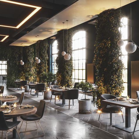 High End Restaurant Design, Restaurant Floor Design, Classic Restaurant Design, Dark Restaurant Aesthetic, Elegant Restaurant Interior Design, Modern Cafe Design, Unique Restaurant Interior, Restaurant Bar Ideas, Industrial Restaurant Interior