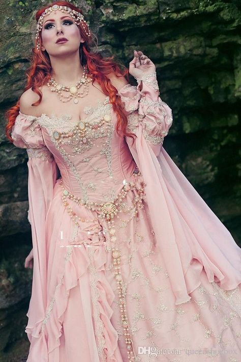 Discount Medieval Pink Ball Gown Wedding Dresses 2019 Off The Shoulder Royal Sleeve Pearls Garden Bridal Gown Vintage Lace Up Custom Made Dresses On Sale Elegant Wedding Dresses From Queenshoebox, $251.89| DHgate.Com 1111 Wedding, Cosplay Patterns, Labyrinth Ball, Champagne Gown, Sleeping Beauty Princess, Lady Pirate, Pink Ball Gown, Bridal Gowns Vintage, Rose Champagne