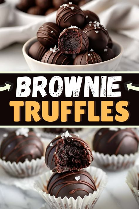 Chocolate lovers, this one's for you! These impossibly decadent brownie truffles need just three ingredients and about 15 minutes of hands-on prep. 3 Ingredient Brownies, Brownie Truffles, Homemade Truffles, Dessert Truffles, Candy Truffles, Truffle Recipe, Cake Truffles, Fudge Sauce, Peanut Butter Chips