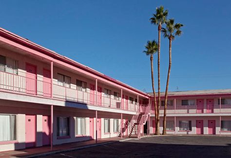 #70s #inspiration #motel #pastel #pink #palms #summer #sky Pink Motel Aesthetic, 70s Motel Aesthetic, Motel Room Design, 70s Motel, Motel Exterior, American Motel, Mermaid Motel, 70s Inspiration, Abandoned Mansion For Sale