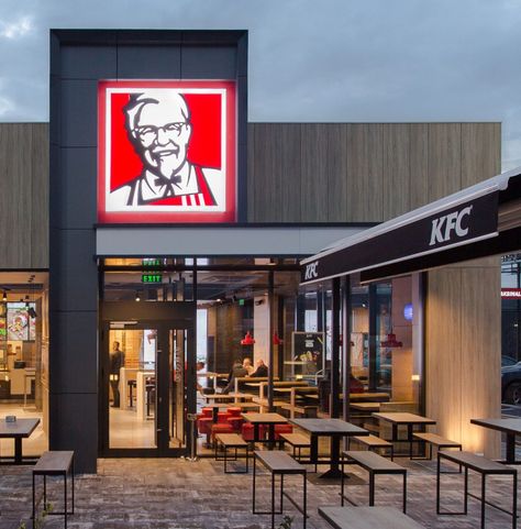 Kfc Building Design, Fast Food Exterior Design, Kfc Exterior, Fast Food Restaurant Design Exterior, Modern Fast Food Restaurant Design, Fast Food Shop Design, Kfc Design, Fast Food Restaurant Design, Pink Violin