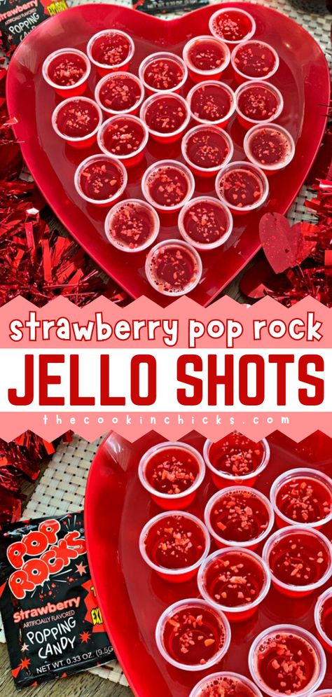 Don't miss out on this 4th of July cocktail recipe! These red jello shots are also the perfect 4th of July dessert for your party. With great flavor and a crunch from strawberry pop rocks, these fun jello shots are sure to be a hit! Jello Shot Recipes Fourth Of July, Sparkling Jello Shots, 49ers Jello Shots, 90s Jello Shots, 49er Jello Shots, Red And Gold Jello Shots, Pop Rocks Jello Shot Recipes, Girly Jello Shots, Red Drink Ideas