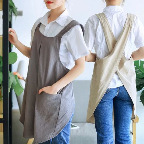 Women Cotton Linen Cross Back Apron Japanese Housework Baking Wrap korean Florist Dress Solid Color Garden Kichen Apron - AliExpress 15 Korean Apron, Linen Apron Dress, Barista Apron, Japanese Apron, Linen Pinafore, Cross Back Apron, Pinafore Apron, Apron Sewing Pattern, Black Apron