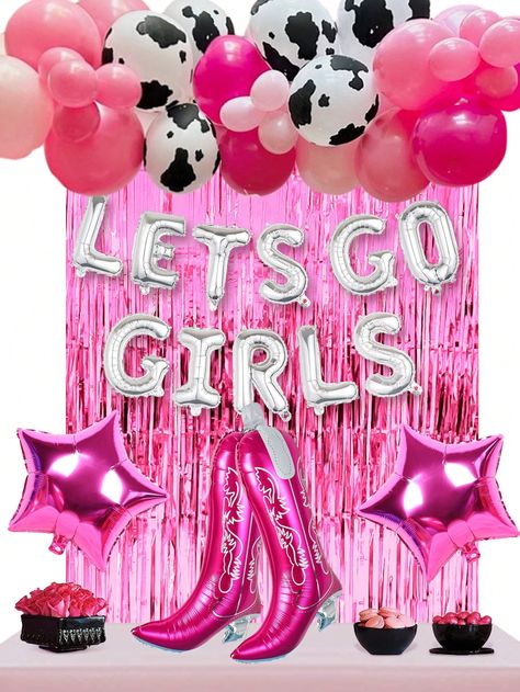 69pcs Hot Pink Balloon Garland Kit Including Pink Rain Silk Curtain, Magenta Five-Pointed Star, Boots-Shaped Aluminum Balloons, Cow Pattern Balloons, For Bachelorette Party, Bridal Shower And Other DecorationI discovered amazing products on SHEIN.com, come check them out! Rodeo Balloons, Pink And Silver Balloons, Hot Pink Balloon Garland, Cowgirl Themed Party, Hen Party Balloons, Trendy Balloons, Last Rodeo, Celebration Balloons, Girly Party