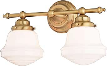 Huntley 2 Light LED Compatible Gold Brass Farmhouse Bathroom Vanity Wall Fixture White Schoolhouse Glass Schoolhouse Bathroom, Schoolhouse White, Double Vanity Lighting, 2 Light Vanity Light, Traditional Bathroom Lighting, Lighting Updates, Lake House Bathroom, Green Milk Glass, Farmhouse Bathroom Vanity