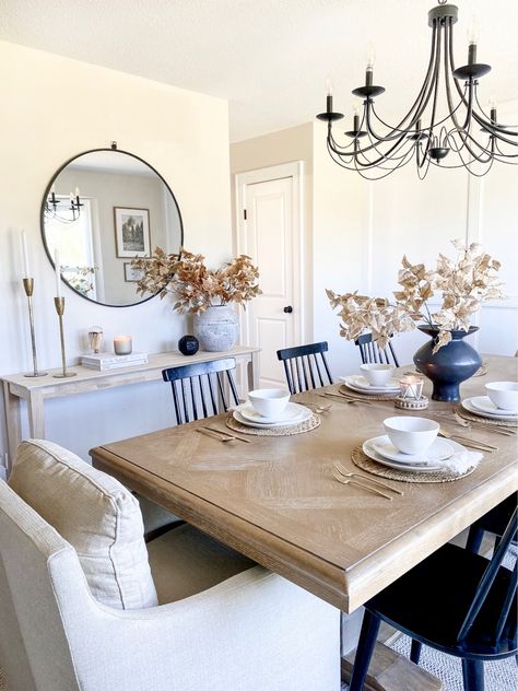 Dining Room Round Mirror Wall, Round Mirror With Sconces On Each Side Dining Room, Dining Room With Round Mirror, Dinning Room Round Mirror, Oversized Round Mirror Dining Room, Round Mirror In Dining Room, Dining Room With Mirror Ideas, 36” Circle Mirror, 42" Round Wall Mirrors