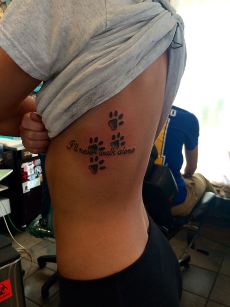 I'll never walk alone #DogTattoos #RibTattoos Hiking Tattoo Ideas, Pet Portrait Tattoos, Simple Cat Tattoo, Paw Tattoos, Big Tattoos, Line Art Simple, Pet Tattoos, Dog Hiking, Rib Tattoos For Women