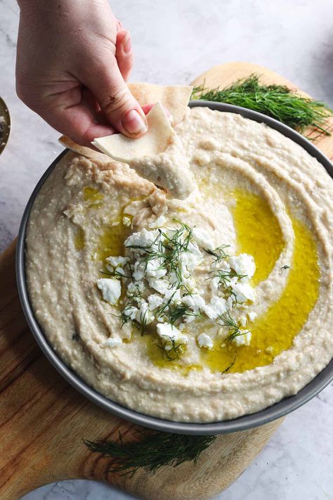 This Creamy White Bean Hummus Will Make You Ditch Chickpeas White Bean Appetizer Recipes, White Bean Hummus With Tahini, White Bean Feta Dip, Hummus Recipe With Tahini, White Bean Hummus Recipe, Bean Hummus Recipe, Mediterranean Appetizers, White Bean Hummus, Bean Hummus