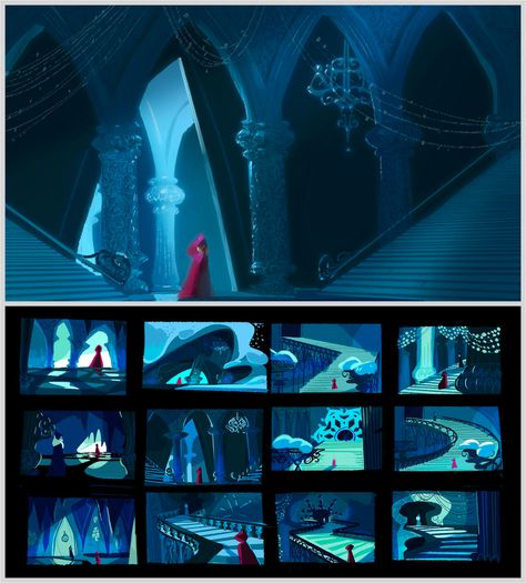 Frozen Concept Art Background, Concept Art Storyboard, Concept Art Style, Disney Environment Concept Art, Color Script Visual Development, Castle Environment Concept Art, Disney Concept Art Backgrounds, Concept Art Painting, Concept Art Composition