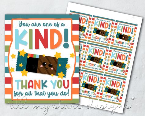 "Please be sure to read the entire description before purchase and type \"Yes\" in the personalization box.  .★* PRINTABLE You Are One of a KIND! Thank You For All That You Do! Tag  .★* Tag Measures 2.5\" x 3\". ✦✦IMPORTANT NOTE✦✦ This listing is for a digital file only. No physical items will be printed, mailed, or emailed to you. This is NOT AN EDITABLE file. No personalization is included. If you are interested in personalization or customization, please see my Add-On items for more options. Granola Bar Gift Sayings, Fruit Snack Gift Sayings, Bar None Teacher Appreciation, Staff Appreciation Snack Cart, Tea Gift Tags, Snack Teacher Appreciation Tag, Kind Bar, Box Printable, Kind Bars