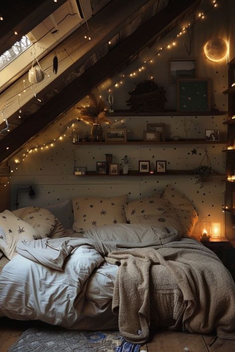 Create a Cozy Bedroom Retreat 🛏️✨ Design a warm and inviting bedroom perfect for relaxation. Use soft textiles, warm lighting, and plush decor to create a cozy and serene escape. 🌿💤 #CozyBedroom #HomeDecor #BedroomRetreat #InteriorInspo Long Attic Bedroom Ideas, Writer Bedroom Aesthetic, Cozy Loft Bedroom, Warm Cozy Bedroom, Contemporary Bedroom Interior Design, Comfy Bedrooms, Warm And Cozy Bedroom, Cosy Bedroom Decor, Comfy Room Ideas