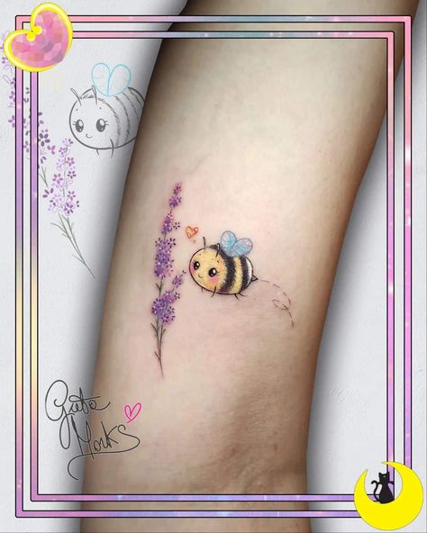 cute-bee-cartoon-tattoo-greta-morks Kawaii, Bee Tattoo Ideas Cute, Cute Bee And Flower Tattoo, Bee Placement Tattoo, Bee Tattoo Ideas Cartoon, Bee Happy Tattoo Ideas, Bee Positive Tattoo, Small Bumble Bee Tattoo Cute, Bee Tattoo Cartoon