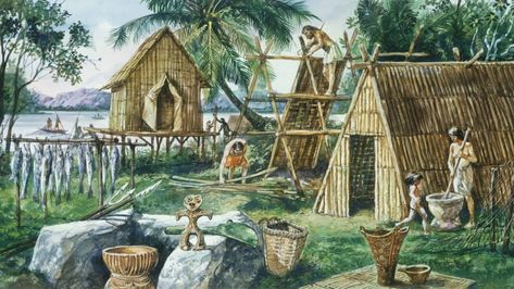 Buildings built out of simple materials using very basic construction techniques.  This is the era in which the game is set. Stone Age Houses, Neolithic Revolution, Jomon Period, Agricultural Revolution, Bronze Age Civilization, Painting Man, Neolithic Period, Prehistoric Man, Japan Illustration