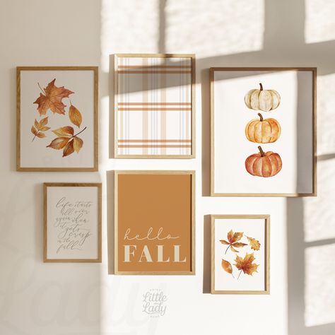 "Orange Fall Gallery Wall Art Printable Bundle. Perfectly paired fall art to display as a gallery wall or separate them throughout your fall decor to add a cozy atmosphere. This artwork was originally painted and designed by Aubrey, the owner of Little Lady Print Shop. Please note this is a high resolution 300 dpi instant digital download for printable artwork. These printables can also be bought separately! See the entire fall collection here: https://www.etsy.com/ca/shop/LittleLadyPrintShop?ref=shop-header-name&listing_id=1446389449&section_id=30981839 Your download includes a pdf link to download 6 pieces of art in the following sizes: RATIO 2:3  4x6\" | 8x12\" | 12x18\" | 16x24\" | 20x30\" | 24x36\" RATIO 3:4 6x8\" | 9x12\" | 12x16\" | 15x20\" | 18x24\" RATIO 4:5 4x5\" | 8x10\" | 11x14 Diy Fall Frame Decor, Subtle Fall Decor Living Room, Seasonal Wall Art, Fall Wall Art Printable, Fall Decor Wall Art, Autumn Gallery Wall, Simple Natural Fall Decor, Fall Wall Collage Pictures, Fall Art Decor