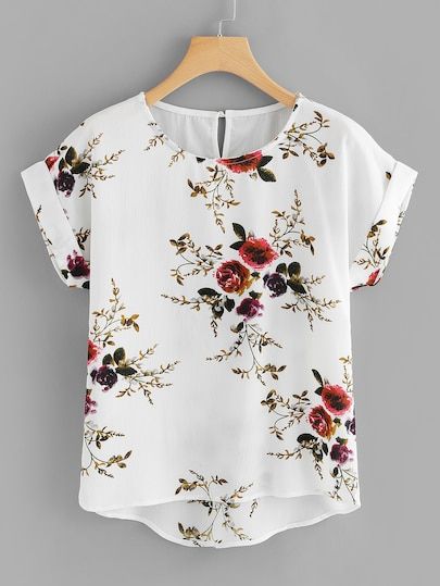 Short Sleeve Shirt Women, Hem Blouse, Plus Size Kleidung, Roll Up Sleeves, Plus Size Shorts, Floral Print Blouses, Floral Print Shorts, Asymmetrical Hem, Print Blouse