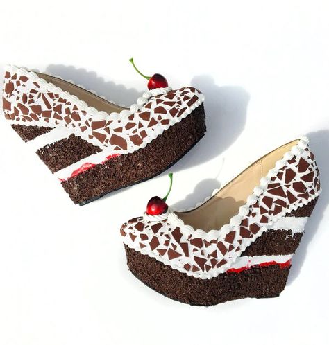 A German favorite, Black Forest Cake is an amazing inspiration for a cake heel. This shoe carries the traditional look of the cake down to chocolate shavings on the icing and topped with a cherry, enjoy! Platform: 1.5" Heel: 5.5"Materials: All man made materials**There is a current 6-8 week waiting list to complete pr Rainbow Icing, Cake Shoes, Crazy High Heels, Muses Shoes, Cake Outfit, Vanellope Von Schweetz, Dr Shoes, Icing Colors, Creative Shoes