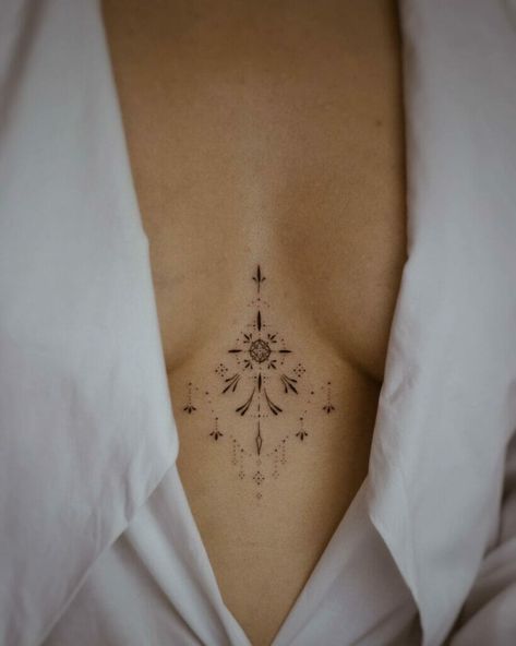 Mandela Tattoo, Underboob Tattoo Designs, Small Chest Tattoos, Chest Tattoos For Women, Sternum Tattoo, Discreet Tattoos, Spine Tattoos, Subtle Tattoos, Time Tattoos