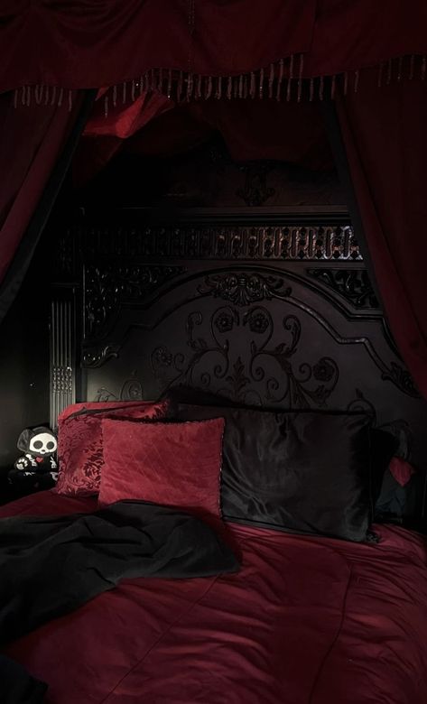 Gothic Vampire Room Aesthetic, Vampire Goth Room Decor, Red And Black Goth Bedroom, Vampire Themed Bedroom, Classy Goth Bedroom, Romantic Goth Aesthetic Room, Vampire Themed Room, Red And Black Aesthetic Bedroom, Vampire House Decor