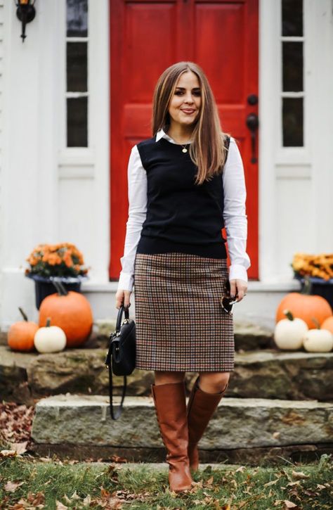 new england prep. preppy fall outfit with a tweed skirt,  sweater vest, and riding boots. Sweater Pleated Skirt Outfit, New England Preppy Style Fall, Women Preppy Outfits, Fall Plaid Skirt Outfit, Womens Sweater Vest Outfit, Sweater Vest Over Dress, Sweater Vest Skirt Outfit, Sweater Vest And Skirt Outfit, Tweed Skirt Outfit Winter