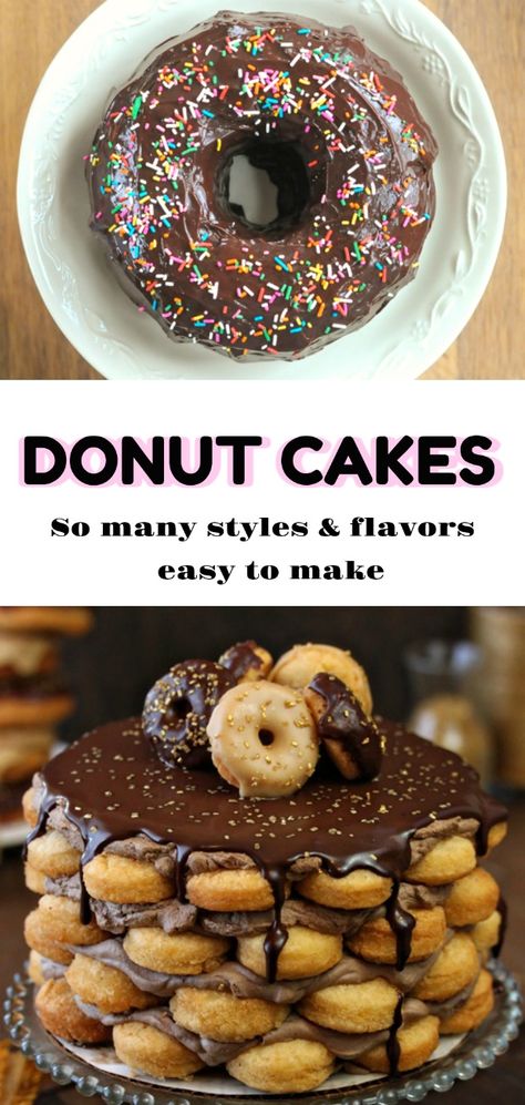 Donut Birthday Cakes, Donut Tier Cake, Donuts Stacked Like A Cake, Donut Birthday Cake Ideas, How To Make A Donut Cake, Donut Dessert Ideas, Donut Cakes Birthday, Donut Hole Cake, Giant Donut Cake