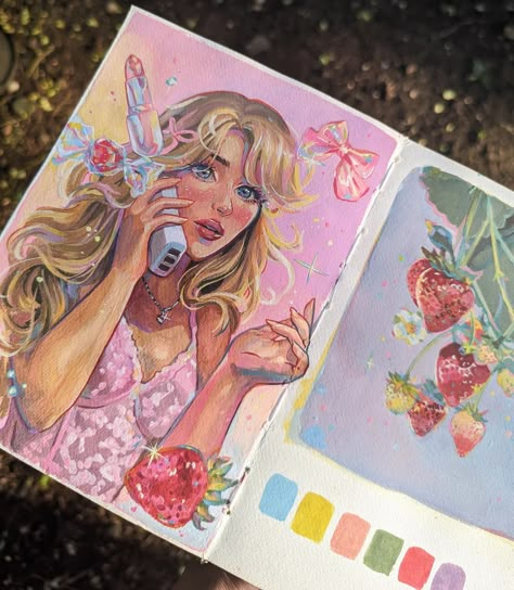 Sabrina carpenter, gouache, strawberry, illustration Sabrina Carpenter Illustration, Sabrina Carpenter Painting, Sketchbook Art Journal Ideas Aesthetic, Sketchbook Spreads Aesthetic, Sabrina Carpenter Art, Scetchbook Draws Ideas, Drawing Aesthetic Sketchbook, Carpenter Illustration, Gouache Aesthetic