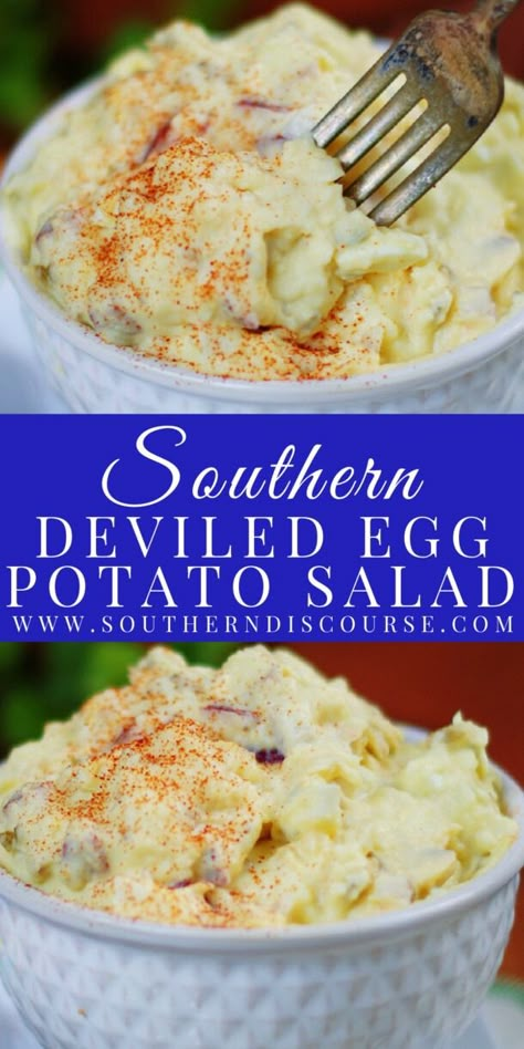 Deviled eggs and a basic potato salad contain many of the same ingredients.  So combining the two to create one amazingly tangy, creamy delicious cookout dish?  Pure genius! Potato Salad Mustard Southern, Best Southern Potato Salad Recipe, Potato Salad With Mustard And Mayo, Potato Salad With Sweet Pickles, Potato Salad Recipe Southern, Soul Food Potato Salad, Potato Salad Sweet, Mustard Potato Salad, Deviled Egg Potato Salad