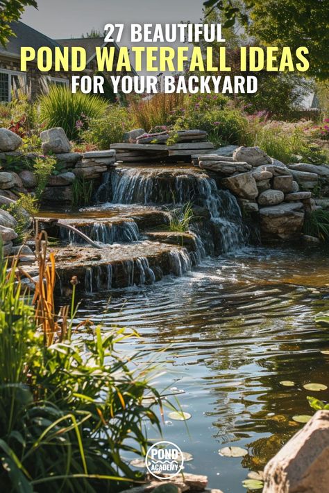 A look at 27 pond waterfall ideas to help you design a beautiful and relaxing water feature for your backyard. Click here for inspiration! Resort Garden Design, Backyard Pond With Waterfall, Hill Waterfall Backyard, Waterfall Ideas Backyard, Large Pond Ideas, Pond With Waterfall Ideas, Pond And Waterfall Ideas, Waterfall With Pond, Small Backyard Waterfall Ideas